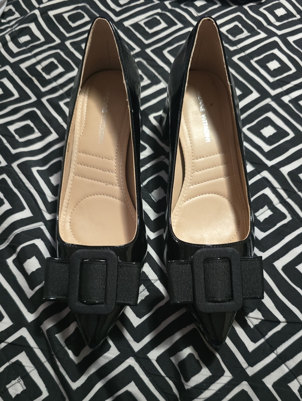 Adrienne Vittadini Black Patent Pointed Toe Pumps with Bow Buckle Accent